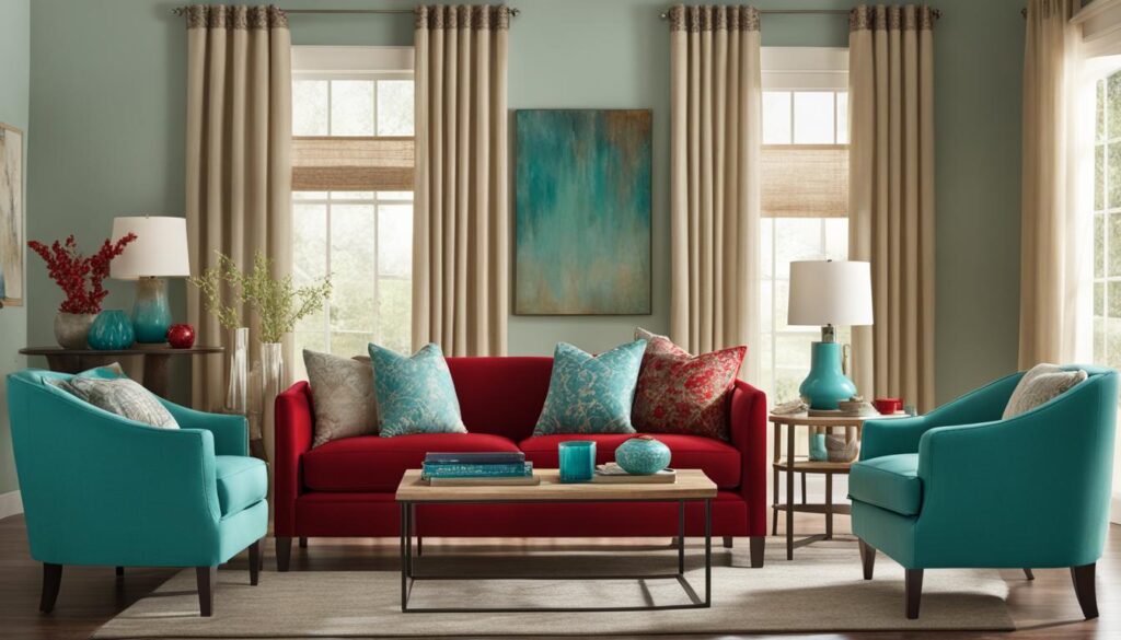 subdued turquoise and red in home decor